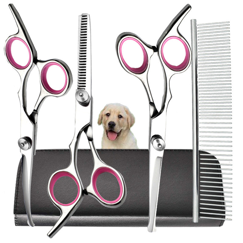 Pink and Silver Complete 5-Piece Pet Grooming Scissors Kit - Stainless Steel Straight, Curved & Thinning Shears with Comb & PU Case 6.0 Inch