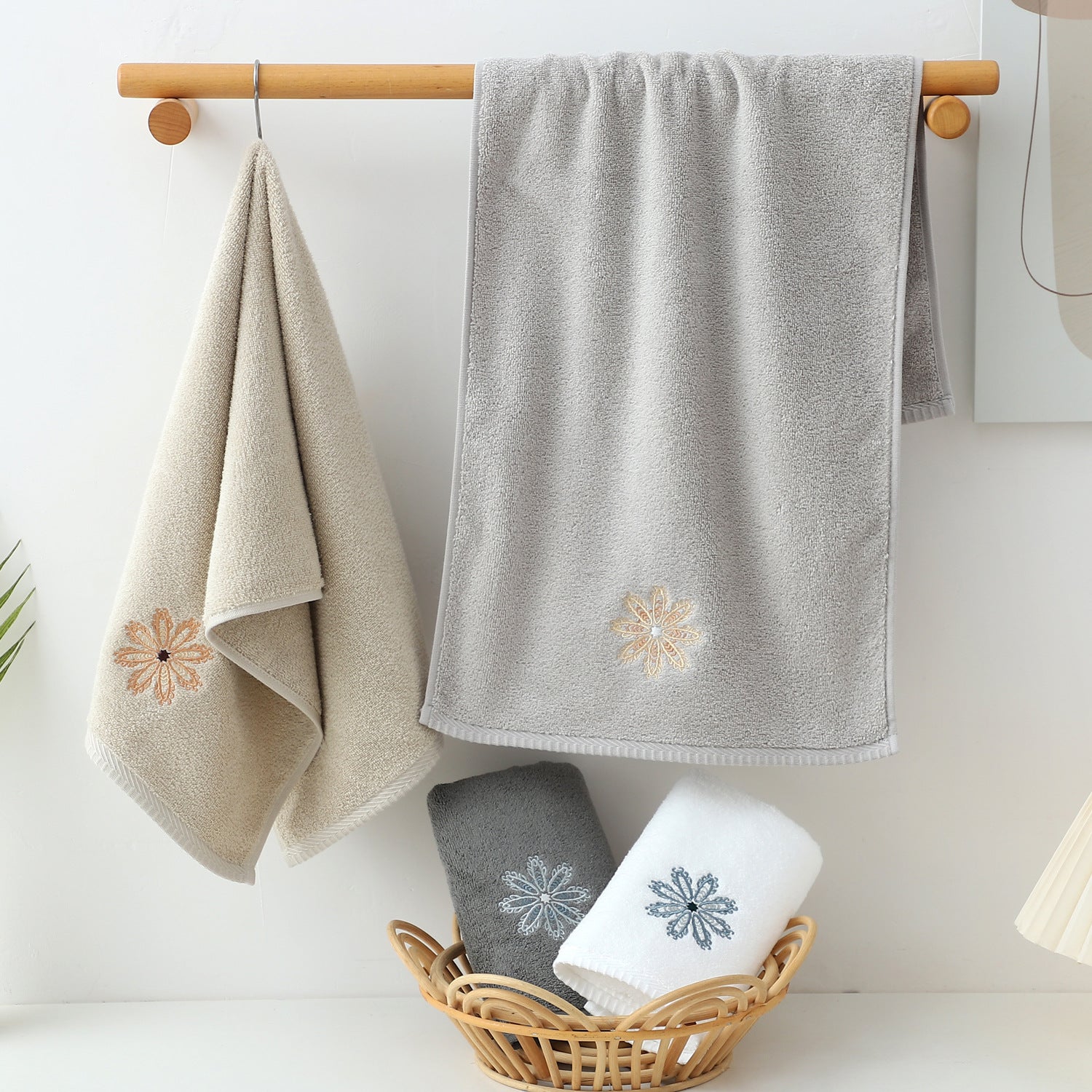 White 4-Pack Elegant Green Floral Embroidered Cotton Hand Towels - Ultra Soft & Absorbent