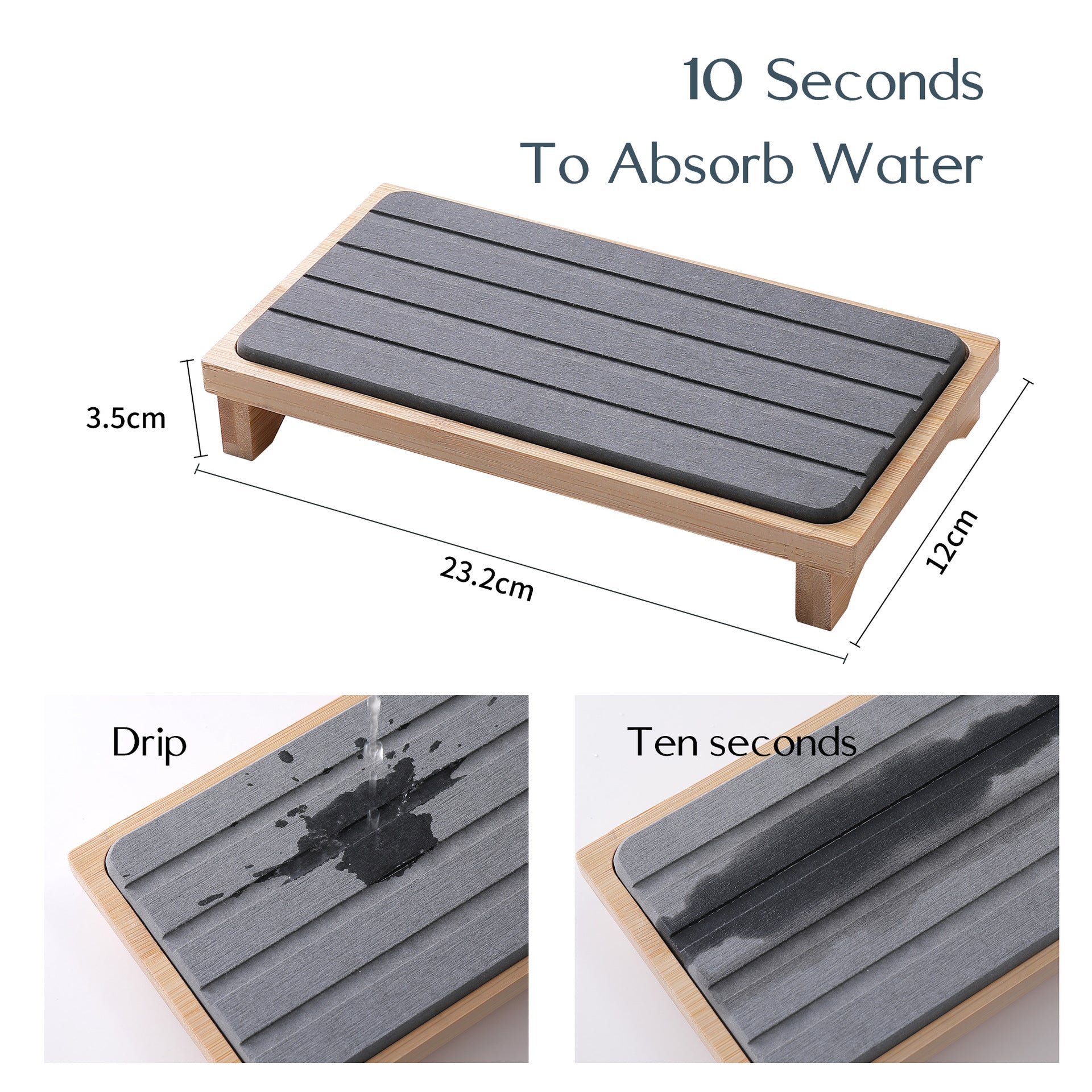 White Natural Diatomaceous Earth Absorbent Drying Tray with Bamboo Base - Quick-Dry Stone Mat for Kitchen & Bathroom Sink