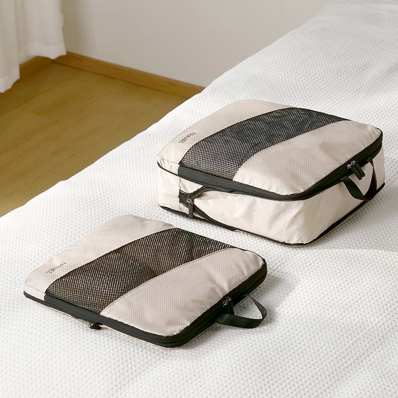 Beige and Black Premium 6-Piece Compression Packing Cubes Set - Lightweight Polyester Travel Organizers for Luggage, Includes Shoe Bag & Toiletry Pouch