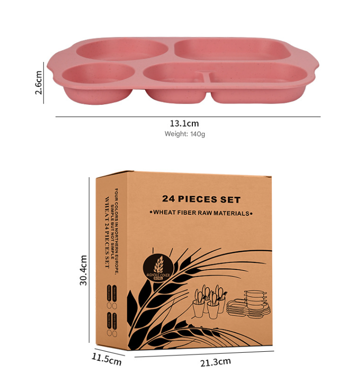 Green Durable Eco-Friendly Wheat Straw Dinnerware Set - 24 Pieces with Plates, Bowls, Cups & Cutlery