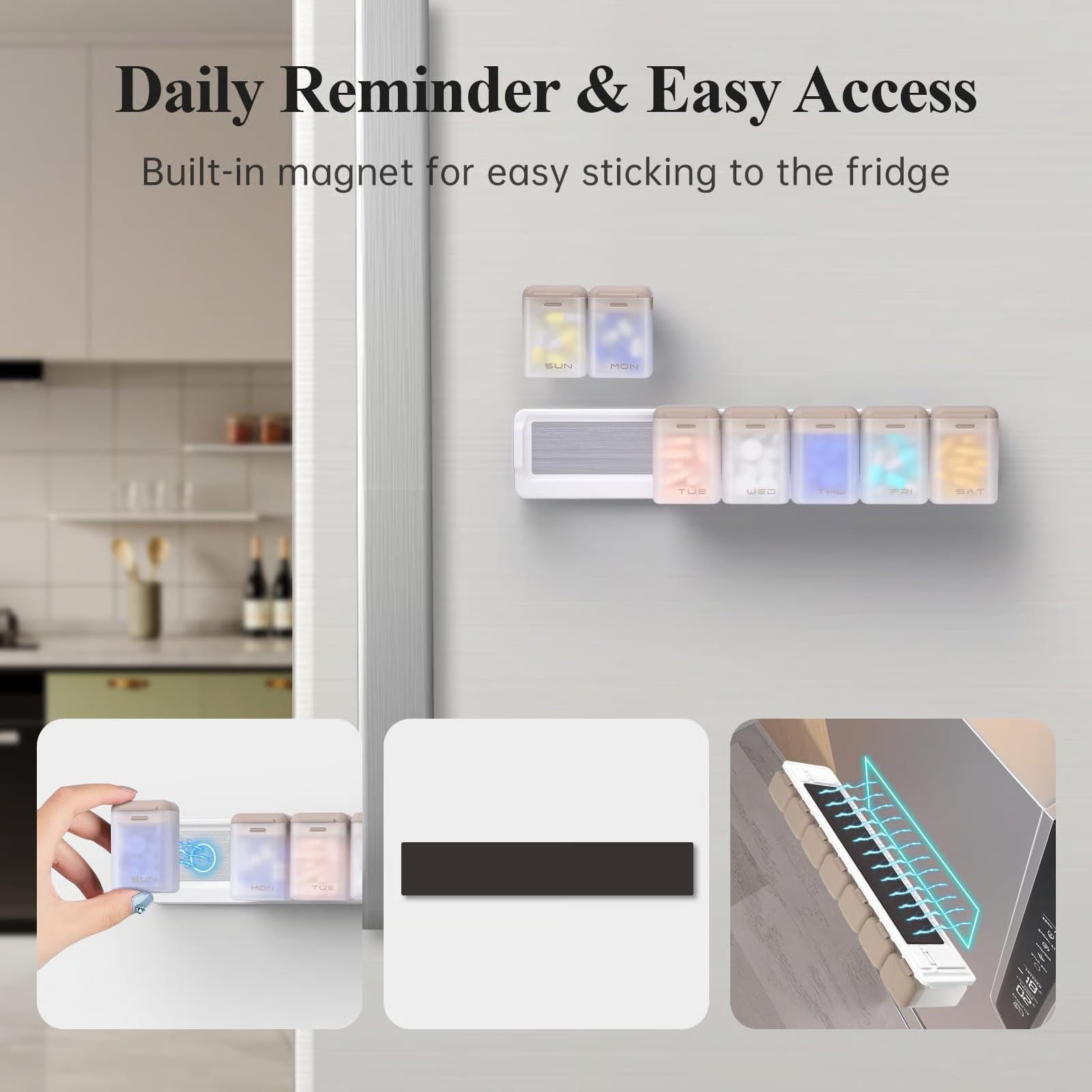 Transparent + Grey Cover Weekly Pill Organizer 1-Time-a-Day - Large Capacity Magnetic Closure Pill Box 246 x 49 x 23 mm