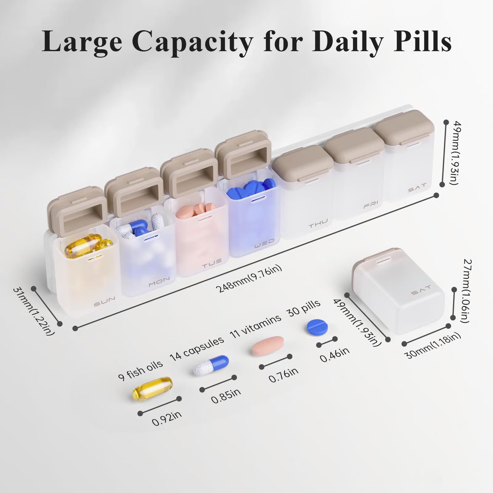 Black + Multicolor Cover Weekly Pill Organizer 1-Time-a-Day - Large Capacity Magnetic Closure Pill Box 246 x 49 x 23 mm