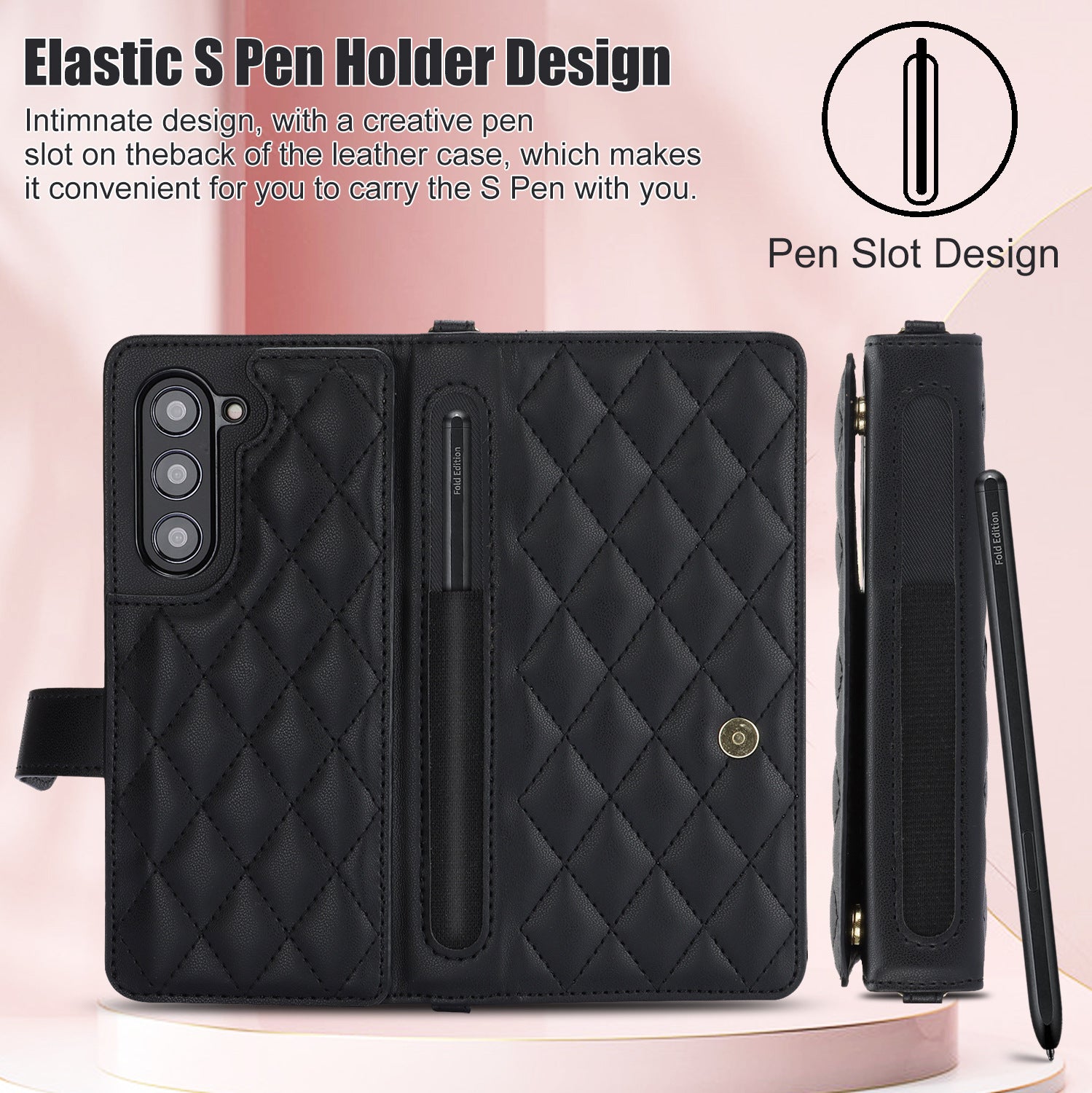 White Galaxy Z Fold3 Multi-Functional Leather Wallet Case for Samsung Z Fold Series - Crossbody with Pen Slot, Quilted Design Pen Not Included