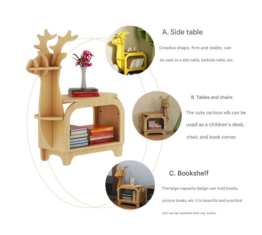 Yellow Small Creative Reindeer-Shaped Solid Wood Bookshelf for Kids