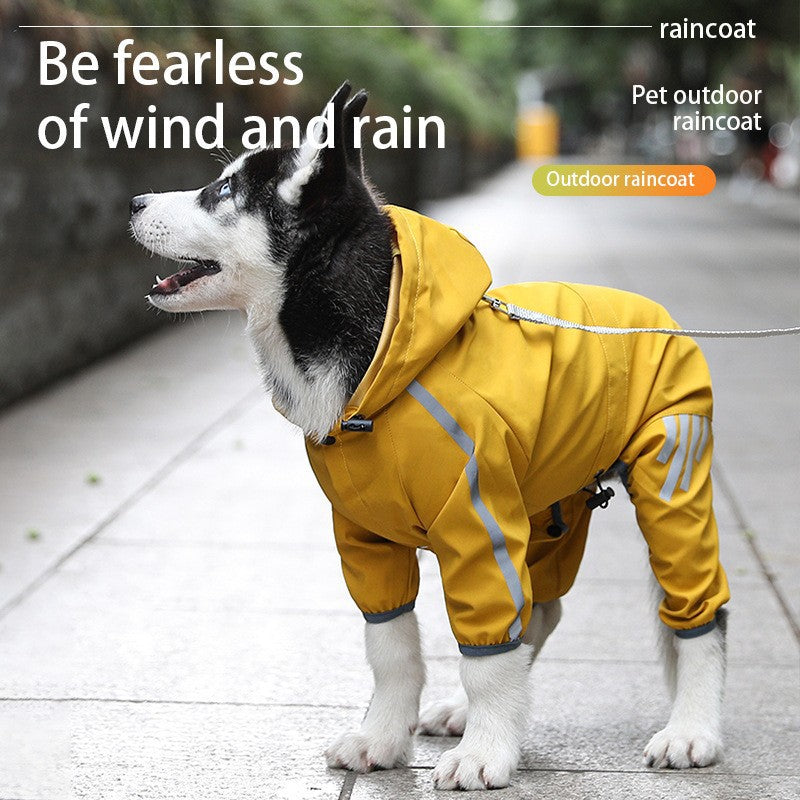 XXL Bright Yellow And Gray Trim Waterproof Four-Legged Dog Raincoat with Leash Hole for Small Breeds