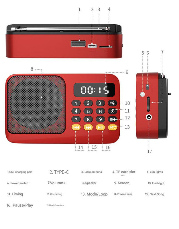 Portable Digital Music Player & FM Radio,4 Playback Modes, LED Flashlight Red