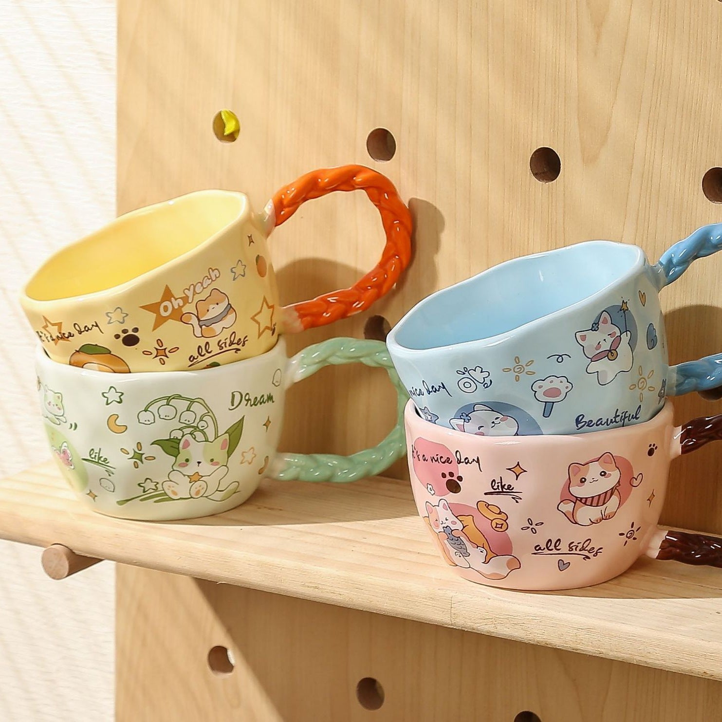 Whimsical Cat & Friends Ceramic Mug - 320ml with Unique Twisted Handle Yellow