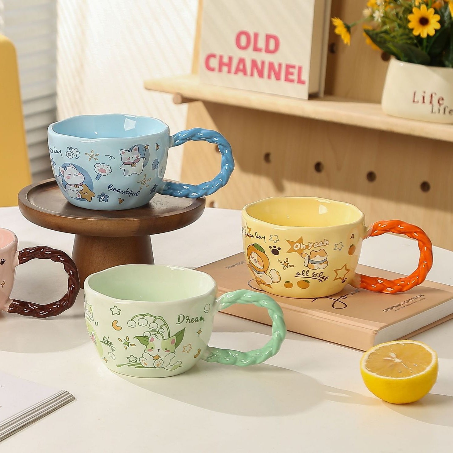 Whimsical Cat & Friends Ceramic Mug - 320ml with Unique Twisted Handle Blue