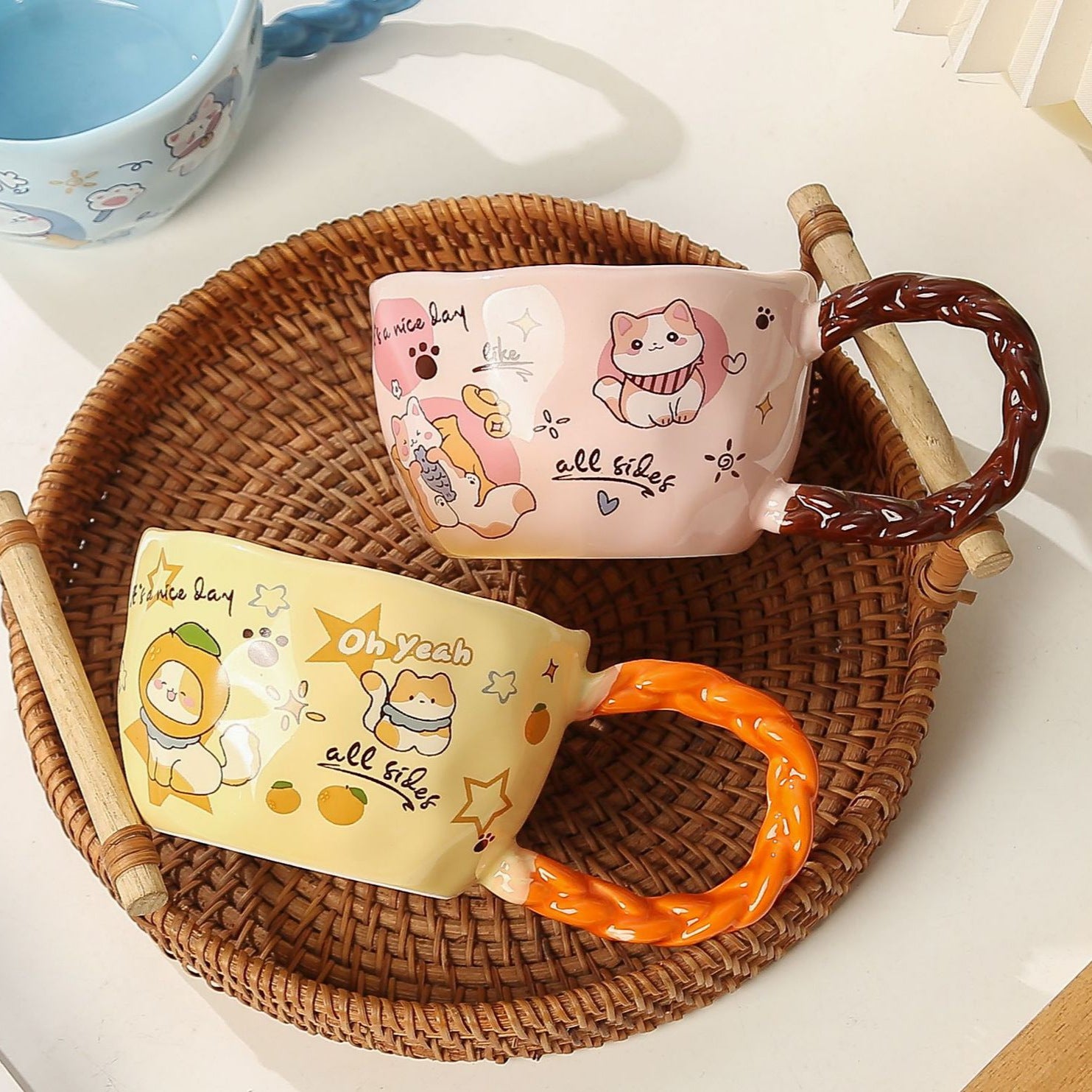 Whimsical Cat & Friends Ceramic Mug - 320ml with Unique Twisted Handle Green