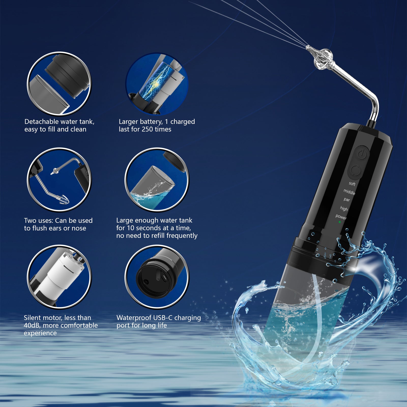 Electric Ear Wax Removal Kit & Nasal Irrigator - 4 Modes, IPX7 Waterproof black