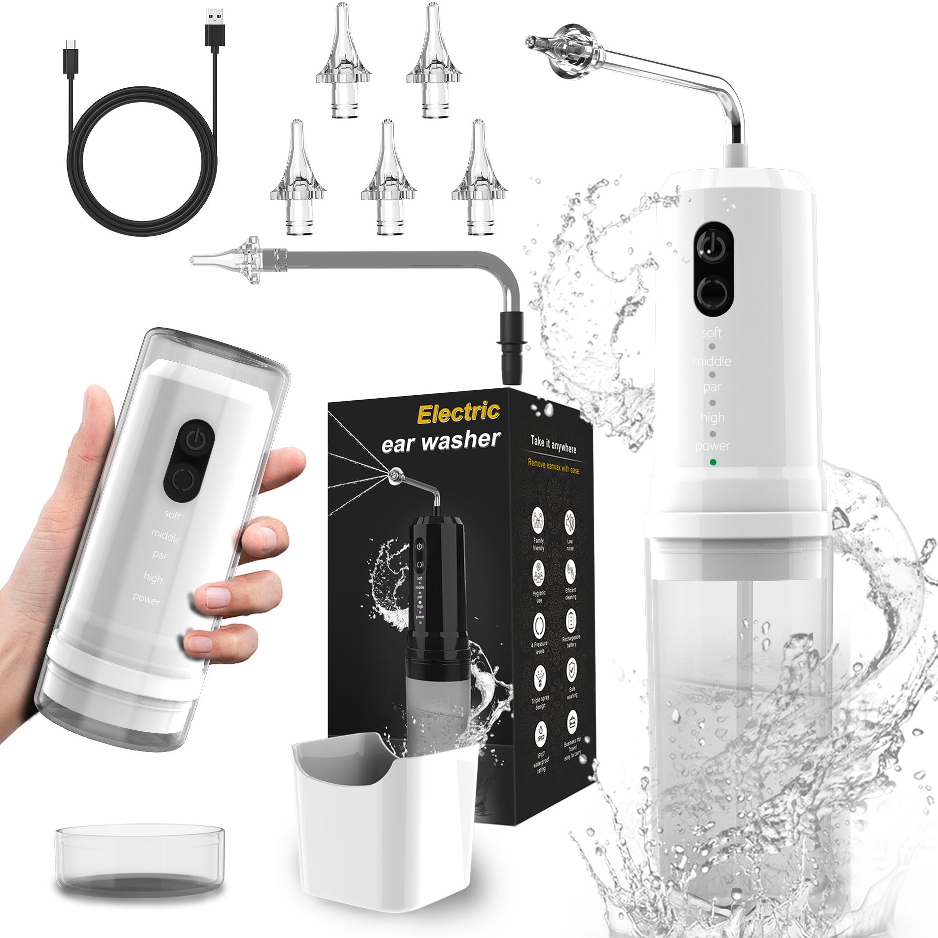 Electric Ear Wax Removal Kit & Nasal Irrigator - 4 Modes, IPX7 Waterproof white