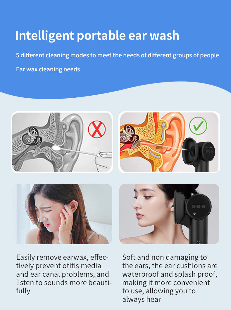 Automatic Electric Ear Wax Removal & Irrigation System - 5 Modes, USB-C, Hot Air Drying black