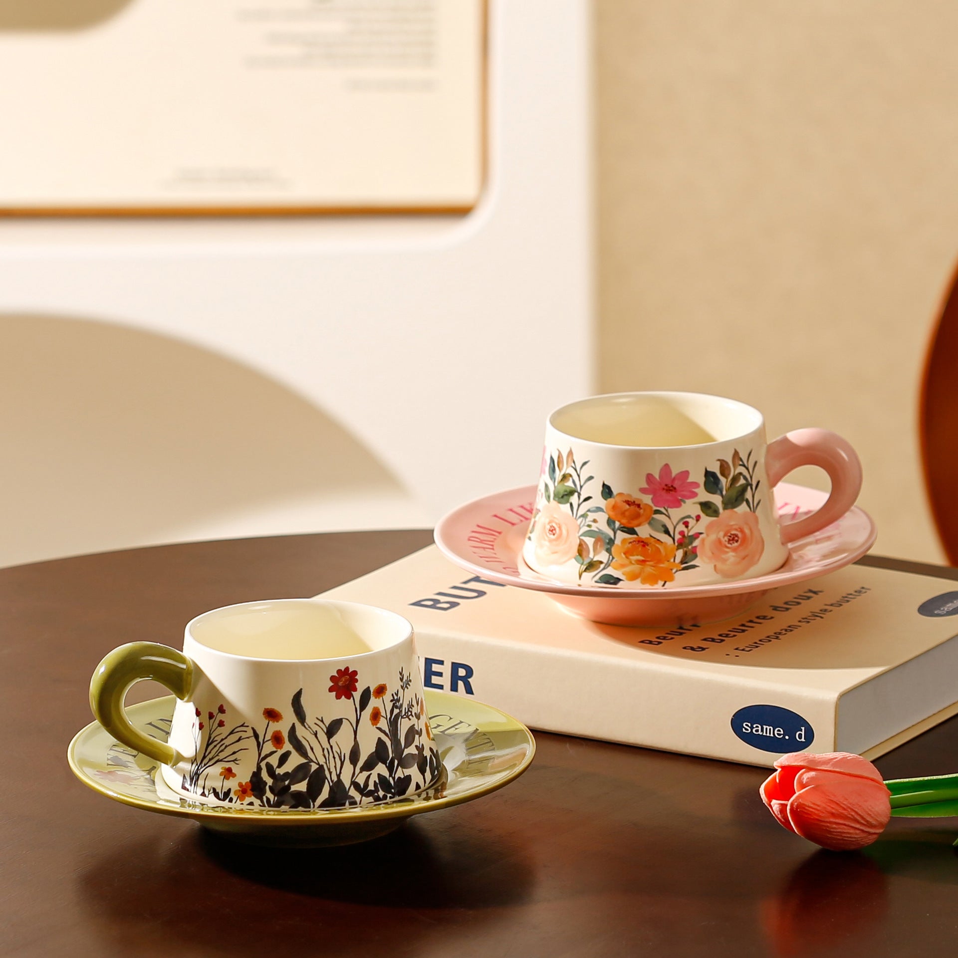 Vintage Floral Ceramic Coffee Cup & Saucer Set White disc - pink flowers