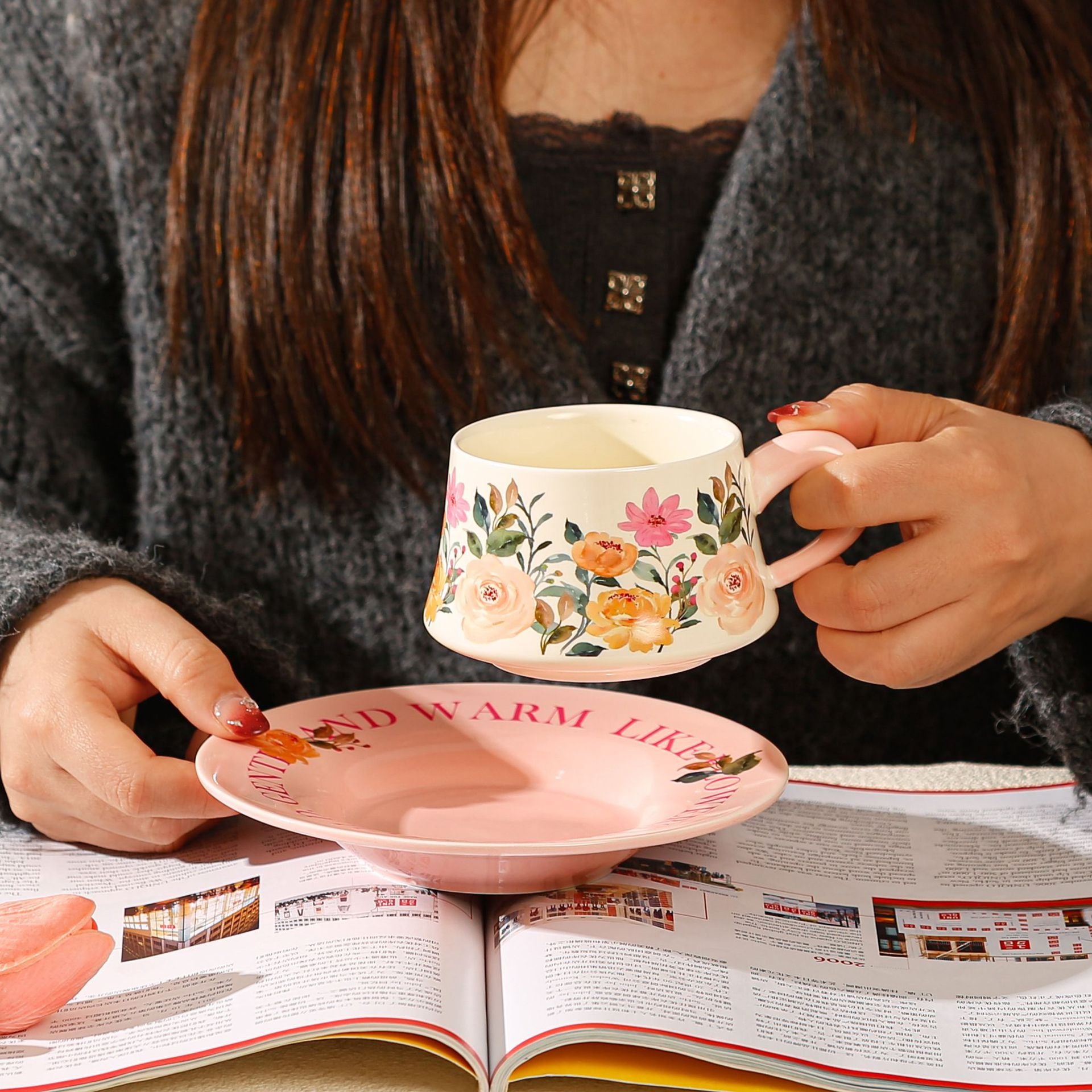 Vintage Floral Ceramic Coffee Cup & Saucer Set White disc - pink flowers