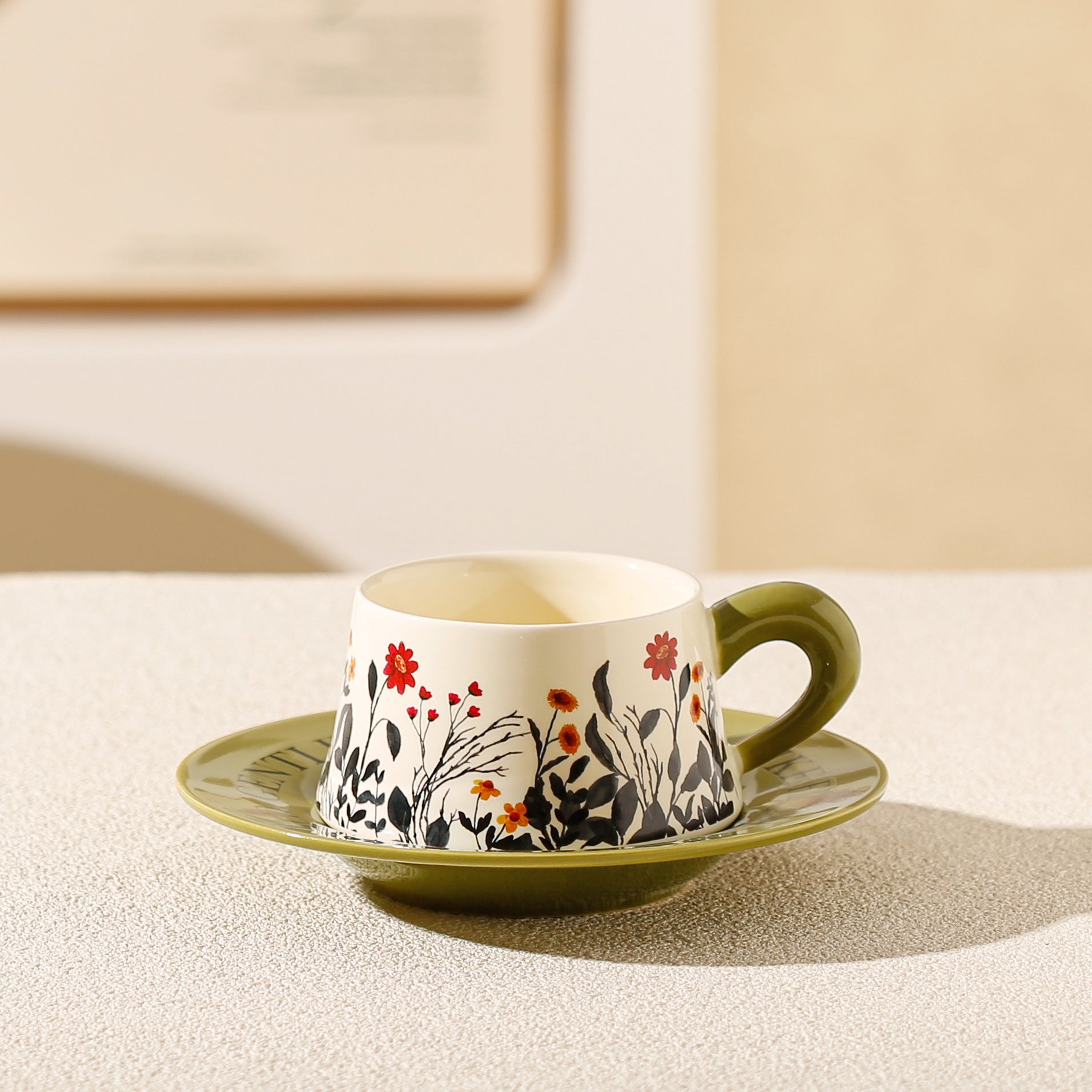 Vintage Floral Ceramic Coffee Cup & Saucer Set Green disc - green sunflowers