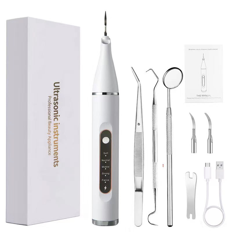 Professional Ultrasonic Dental Scaler & Calculus Remover Kit - 5 Modes, LED Light, IPX7 Waterproof White + Dental 3-piece set