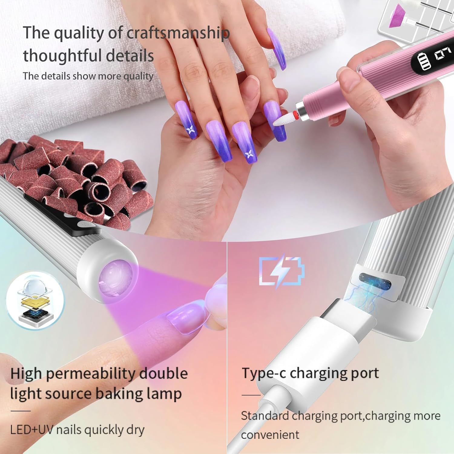 Portable Cordless Electric Nail Drill Kit with UV Lamp - 0-20000RPM, LED Display, 12 Bits Grey