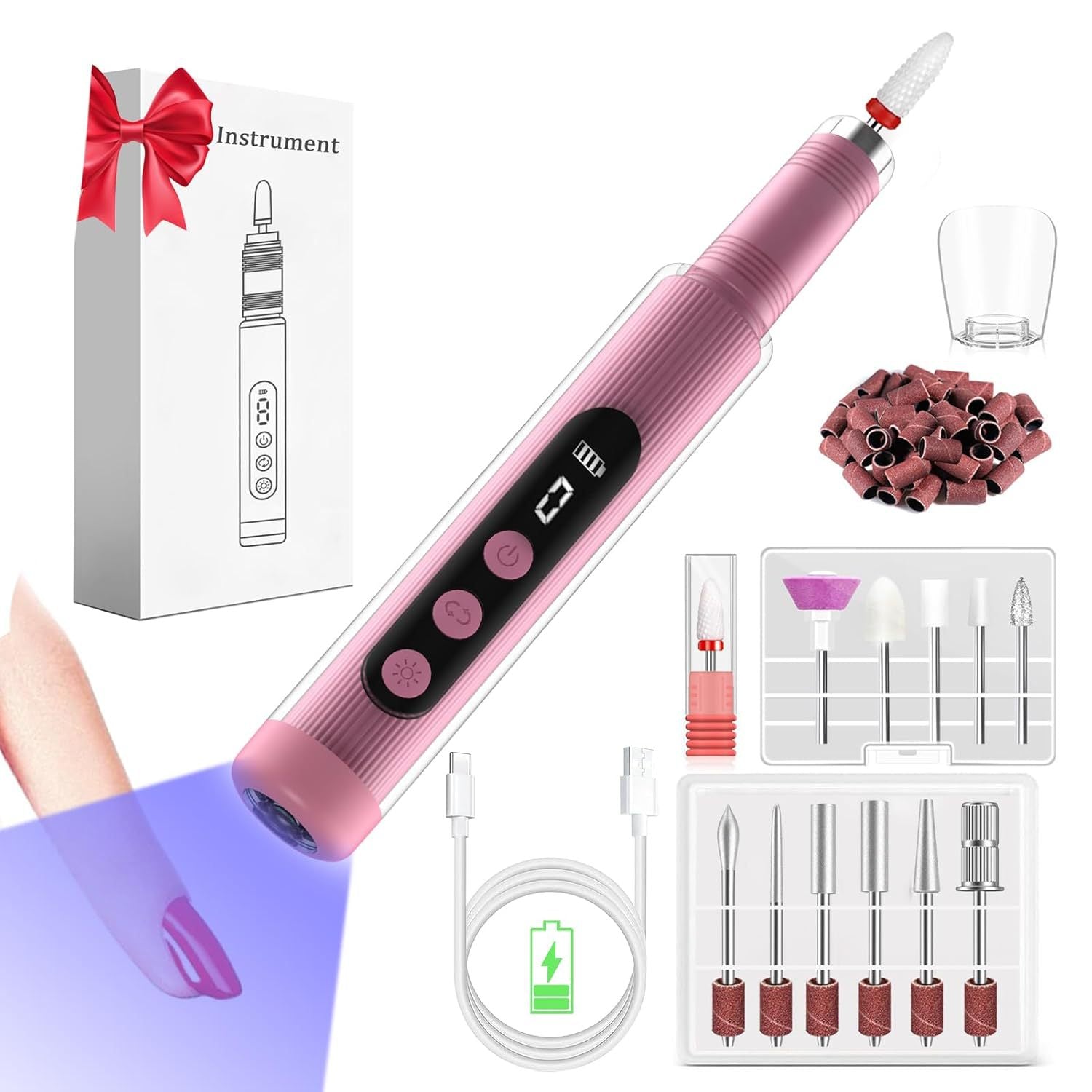 Portable Cordless Electric Nail Drill Kit with UV Lamp - 0-20000RPM, LED Display, 12 Bits Pink