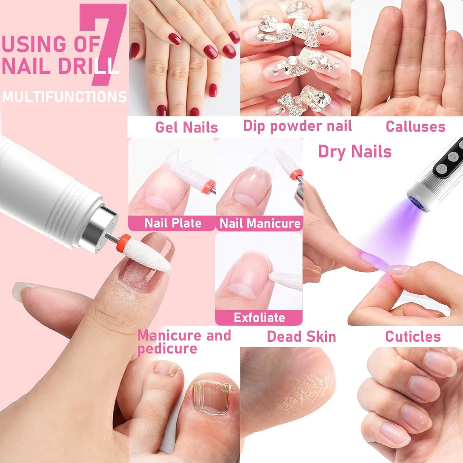 Portable Cordless Electric Nail Drill Kit with UV Lamp - 0-20000RPM, LED Display, 12 Bits Pink