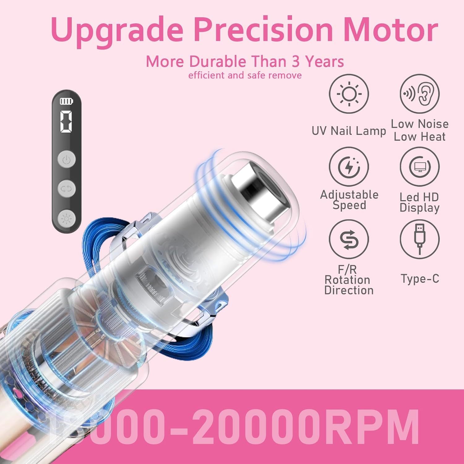 Portable Cordless Electric Nail Drill Kit with UV Lamp - 0-20000RPM, LED Display, 12 Bits Pink