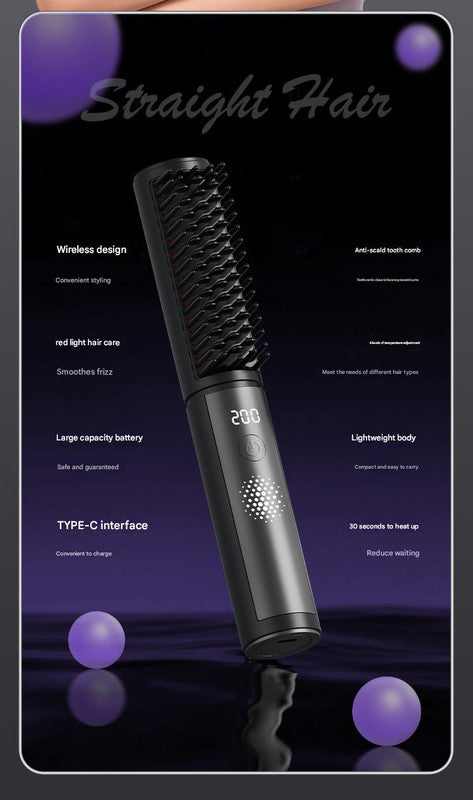 Cordless Hair Straightener Comb - 4 Temperature Settings, USB-C, PTC Heating purple