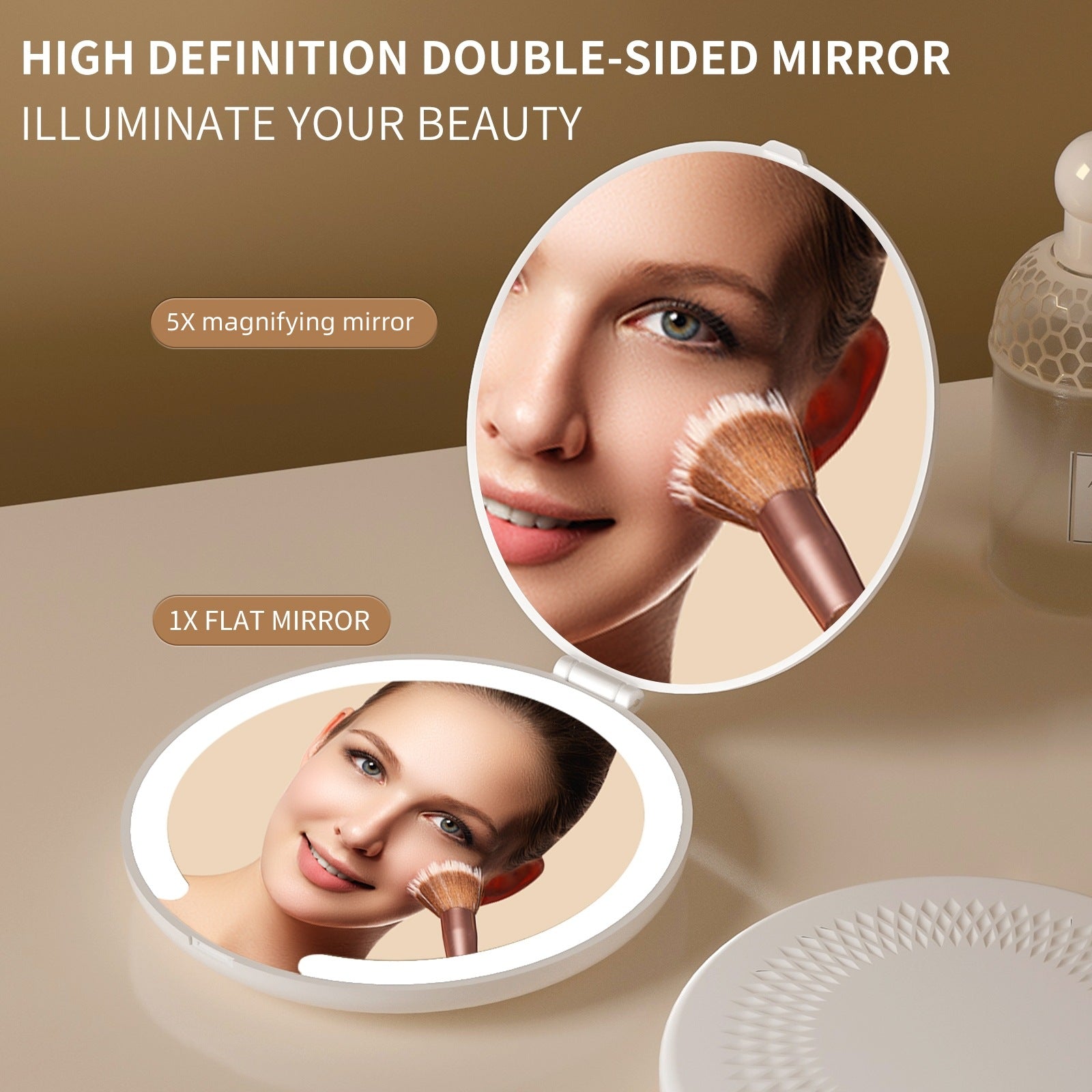 LED Lighted Travel Makeup Mirror - Double-Sided 1X/5X Magnification, USB-C Rechargeable, Induction Light Khaki