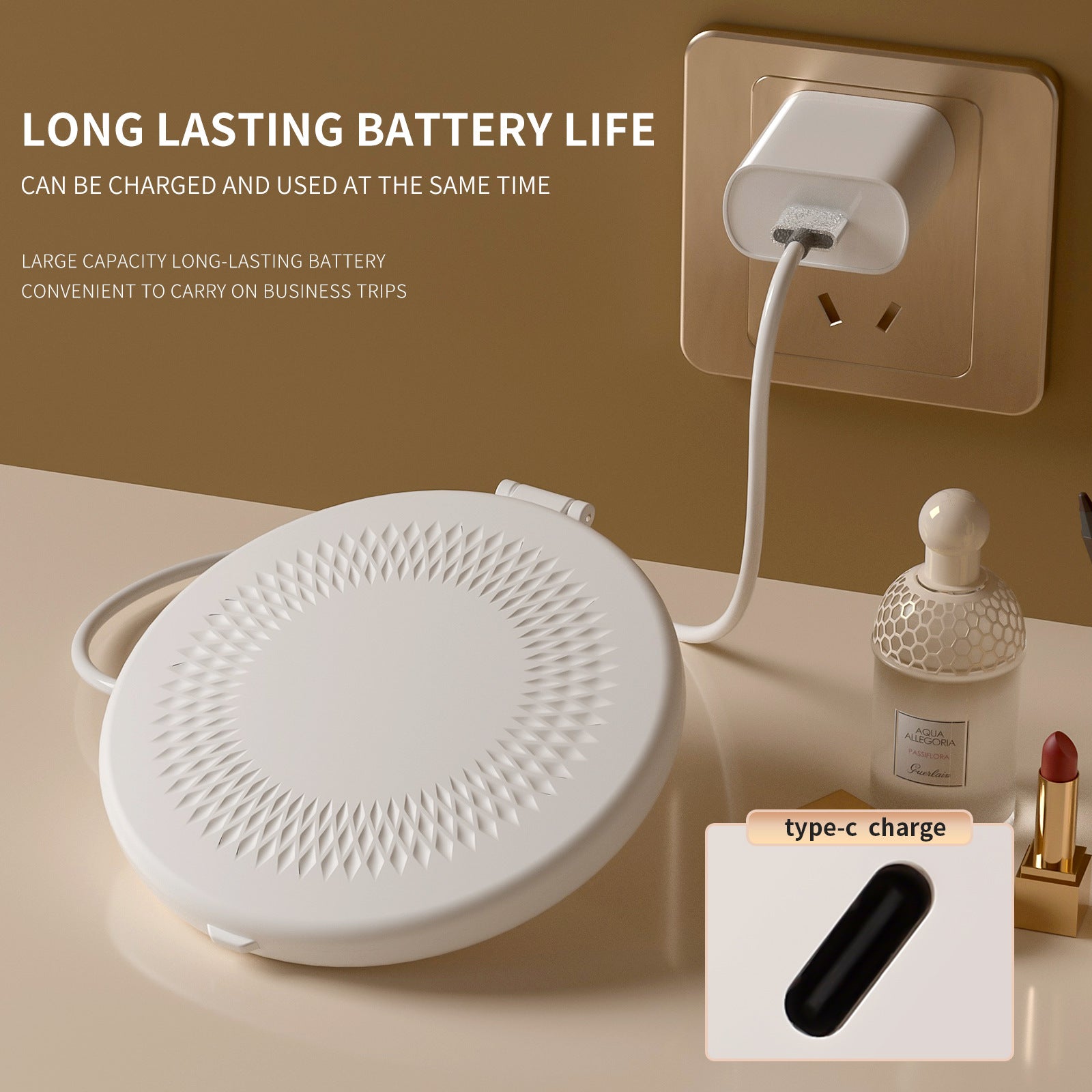 LED Lighted Travel Makeup Mirror - Double-Sided 1X/5X Magnification, USB-C Rechargeable, Induction Light Khaki