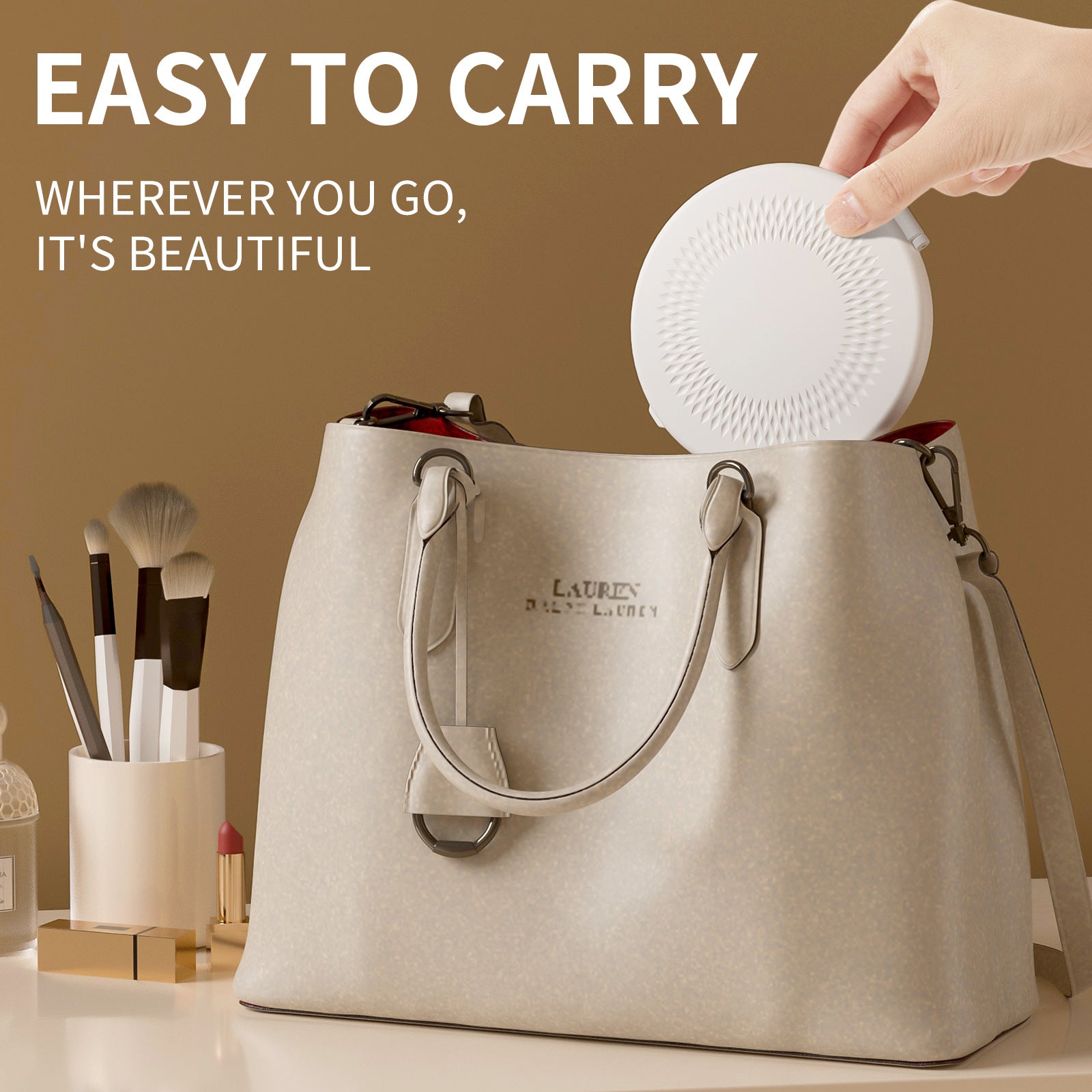 LED Lighted Travel Makeup Mirror - Double-Sided 1X/5X Magnification, USB-C Rechargeable, Induction Light Khaki