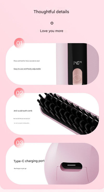 Cordless Hair Straightener Brush - 4000mAh USB-C Rechargeable, 4 Temps, Anti-Scald 3D Comb Design Green