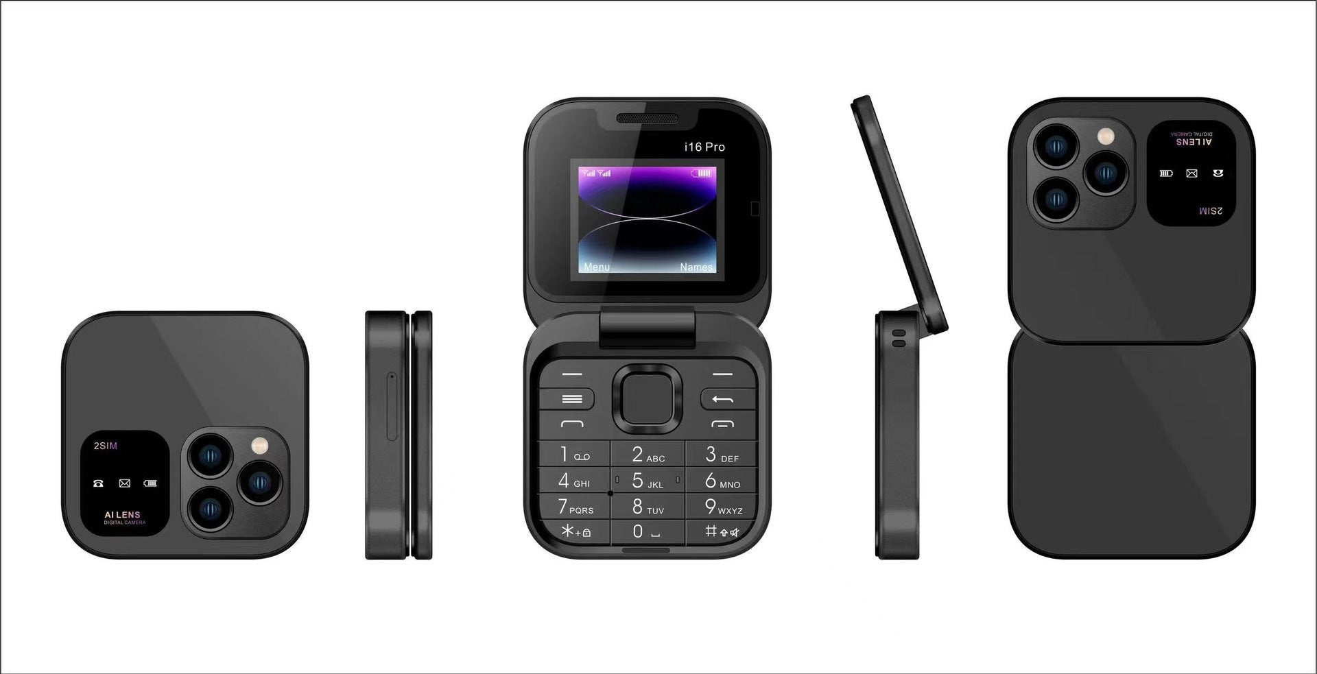 i16 Pro Mini Flip Phone - Dual SIM, AI Lens Digital Camera, Compact & Stylish Design black