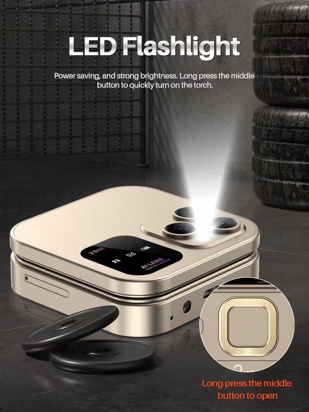 i16 Pro Mini Flip Phone - Dual SIM, AI Lens Digital Camera, Compact & Stylish Design Gold