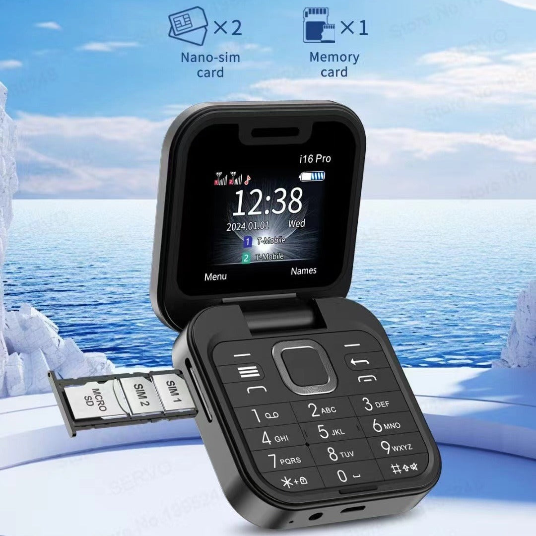 i16 Pro Mini Flip Phone - Dual SIM, AI Lens Digital Camera, Compact & Stylish Design Purple