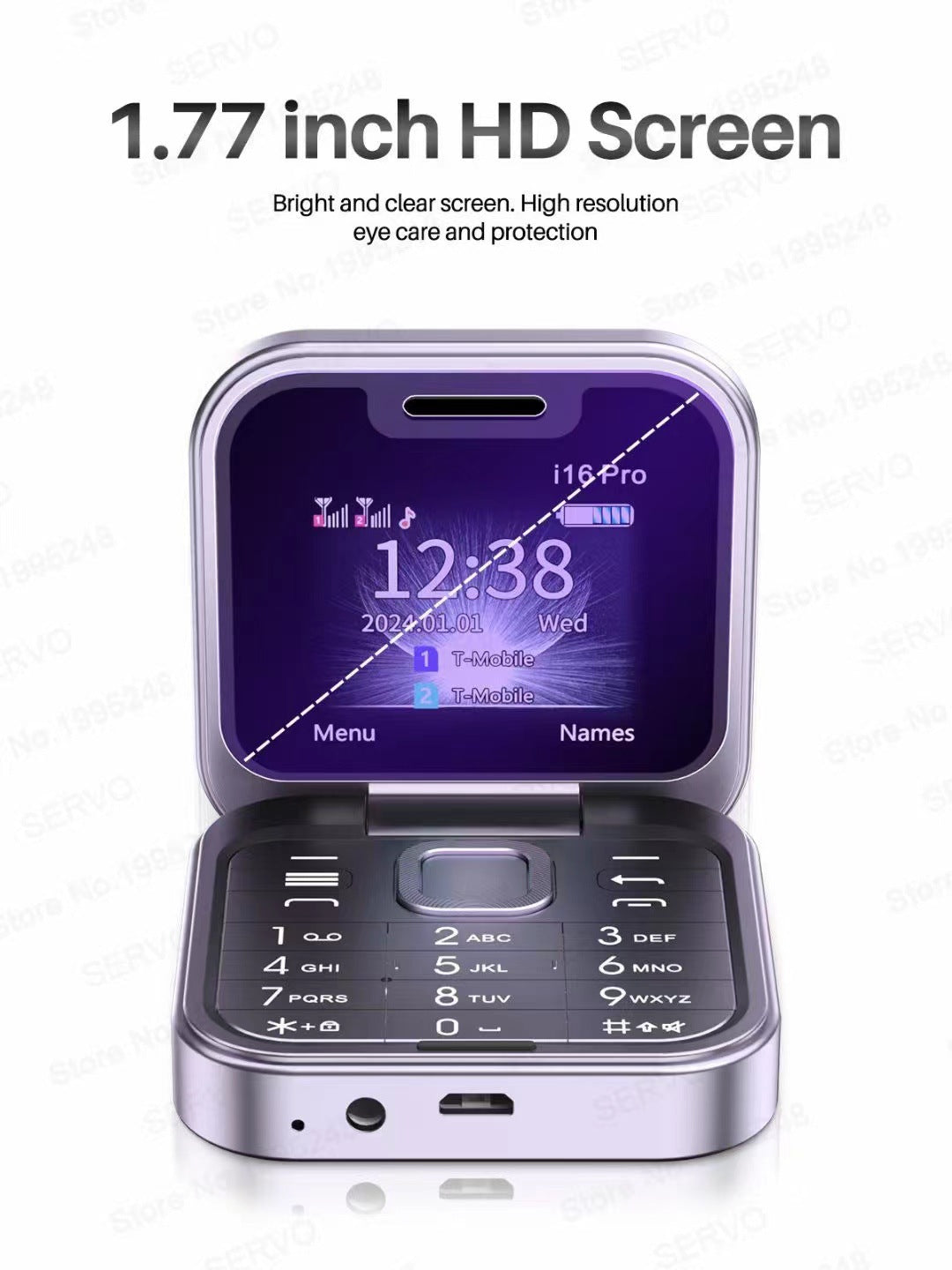 i16 Pro Mini Flip Phone - Dual SIM, AI Lens Digital Camera, Compact & Stylish Design Purple