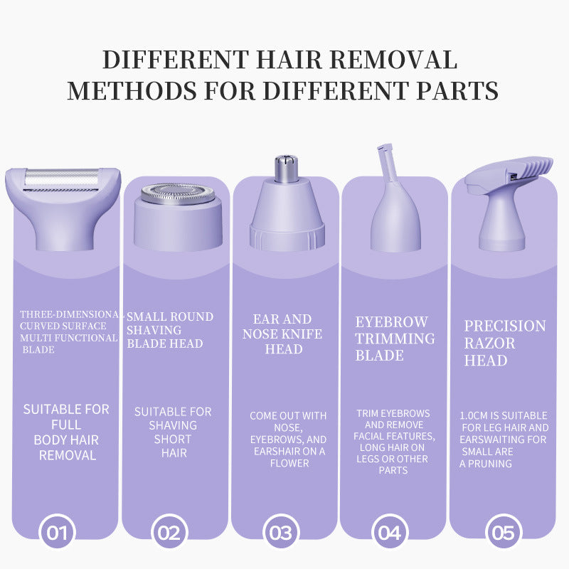 5-in-1 Electric Lady Shaver & Grooming Kit - LCD Display, USB-C Rechargeable, Full Body Hair Removal Purple