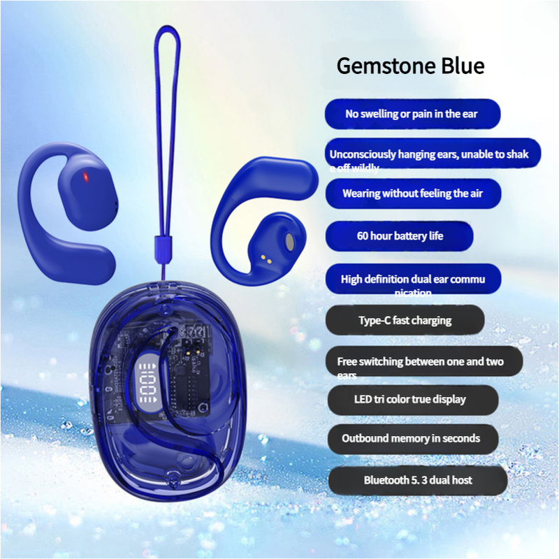 OWS Open-Ear TWS Earbuds with AI Translation - Bluetooth 5.4, 360 ACS Sound, LED Display Case Blue