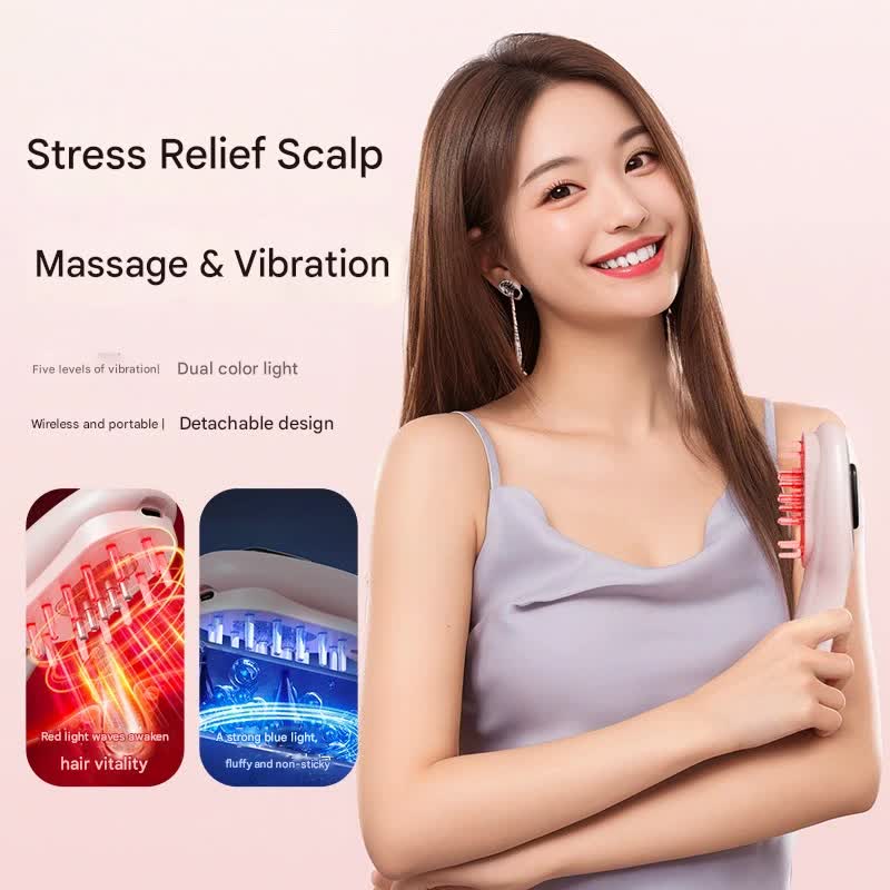 Electric Scalp Massager Comb with Red & Blue Light Therapy - 5 Vibration Modes & Liquid Dispenser pink
