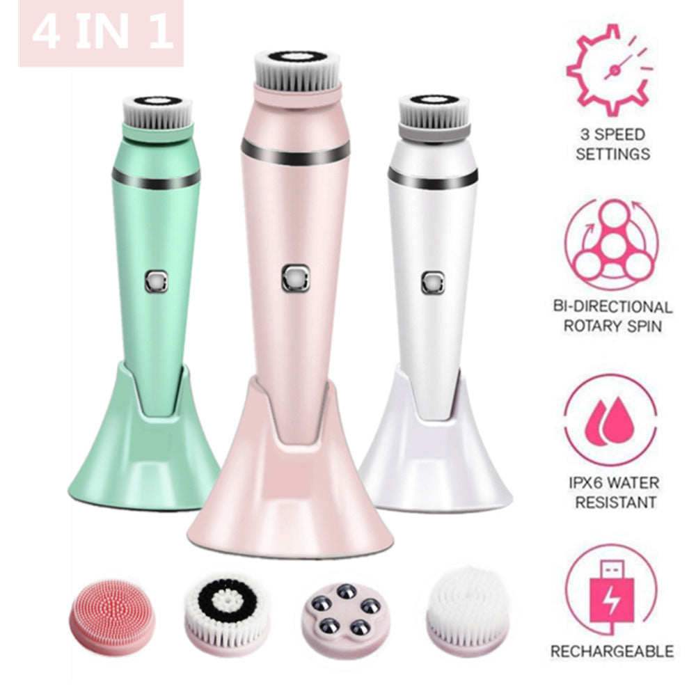 4-in-1 Electric Facial Cleansing Brush & Massager - IPX6 Waterproof, 3 Speeds, Bi-Directional Spin, USB Rechargeable Pink