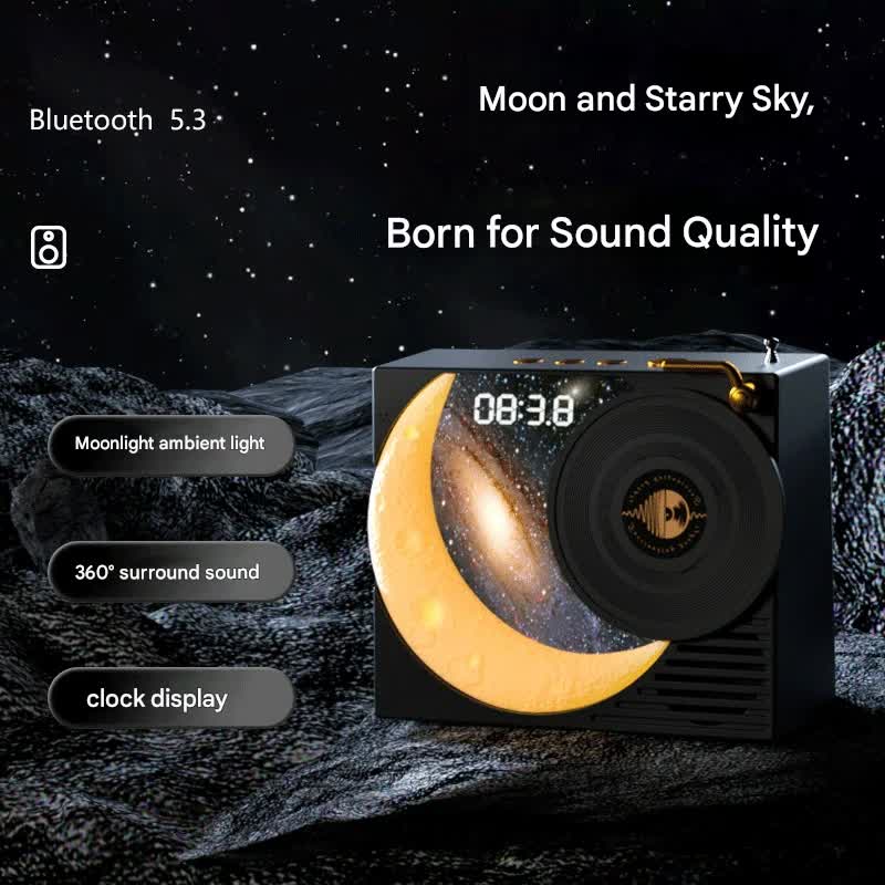 Retro Vinyl Bluetooth Speaker with Moon Ambient Light, Clock & 360 Surround Sound black