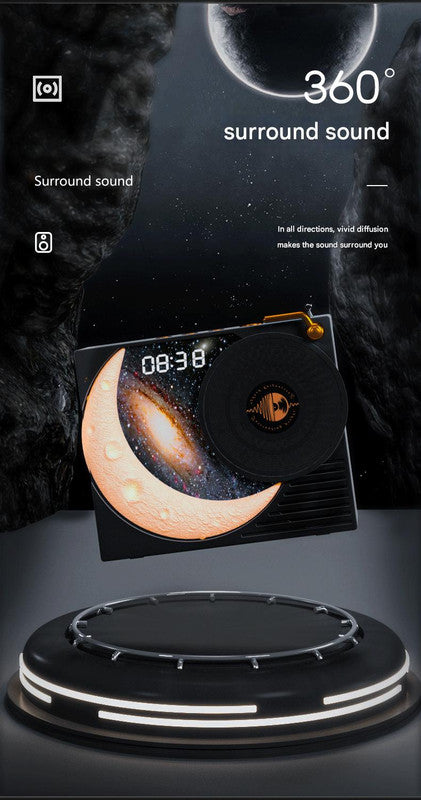 Retro Vinyl Bluetooth Speaker with Moon Ambient Light, Clock & 360 Surround Sound black