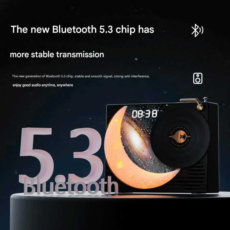 Retro Vinyl Bluetooth Speaker with Moon Ambient Light, Clock & 360 Surround Sound white