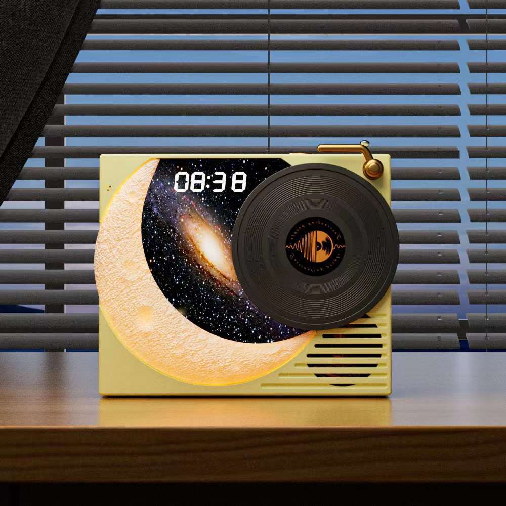 Retro Vinyl Bluetooth Speaker with Moon Ambient Light, Clock & 360 Surround Sound yellow
