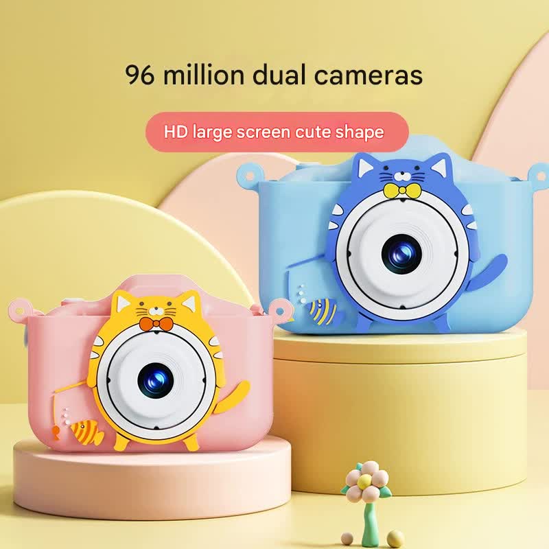 Digital Camera with Cute Cat Silicone Case - Dual Lens, 96MP, HD Screen & Music Playback blue