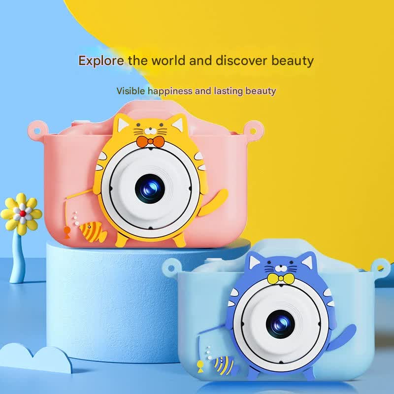 Digital Camera with Cute Cat Silicone Case - Dual Lens, 96MP, HD Screen & Music Playback blue