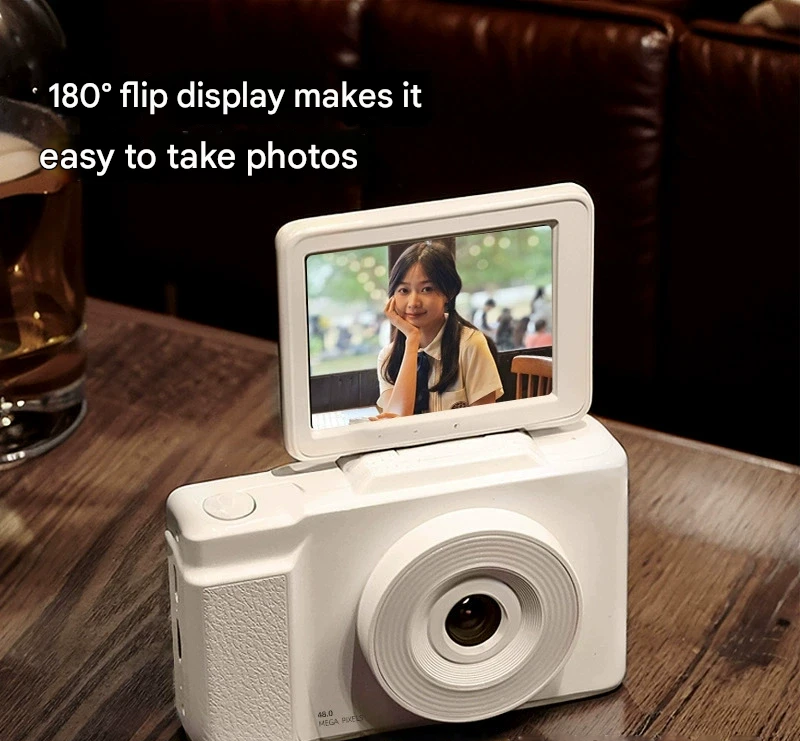 48MP Student Digital Camera with 180 Flip Screen & 3-Setting Fill Light White