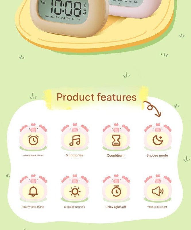 Cute Animal Digital Alarm Clock with Night Light, Temperature & Countdown Timer Pink salamander