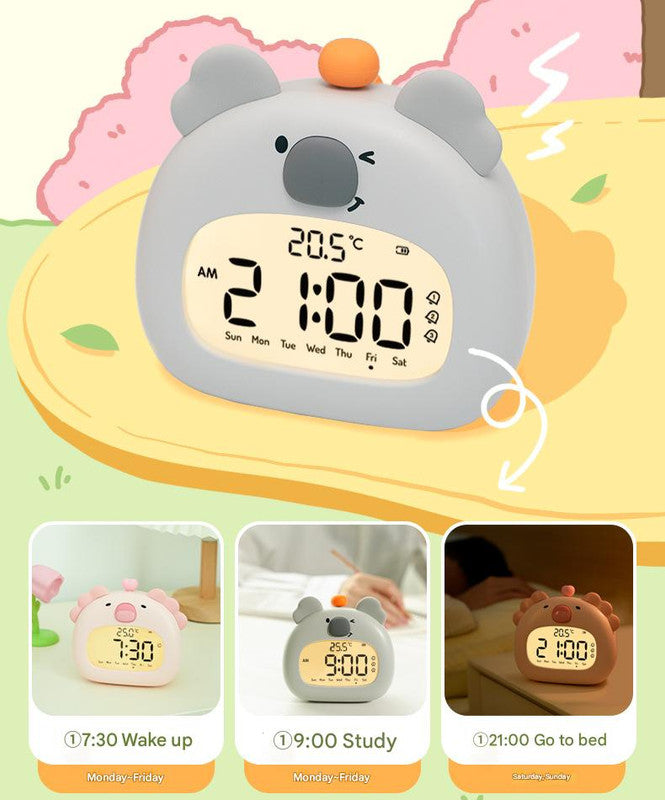 Cute Animal Digital Alarm Clock with Night Light, Temperature & Countdown Timer Pink salamander