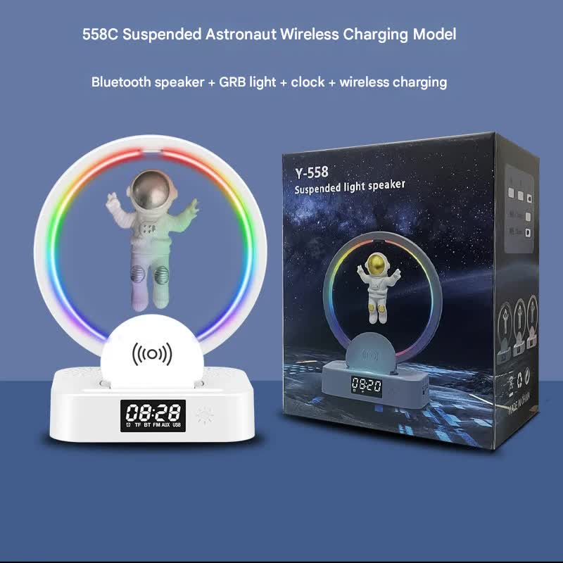 Astronaut Levitating Bluetooth Speaker Lamp - Wireless Charging, RGB Light, Clock, FM Radio & Multi-Input White silver