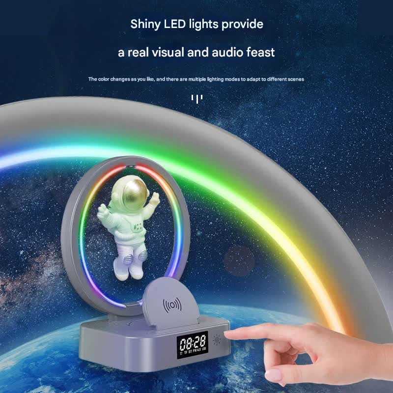 Astronaut Levitating Bluetooth Speaker Lamp - Wireless Charging, RGB Light, Clock, FM Radio & Multi-Input Pink gold