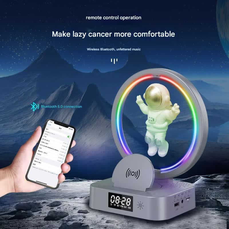 Astronaut Levitating Bluetooth Speaker Lamp - Wireless Charging, RGB Light, Clock, FM Radio & Multi-Input Pink gold